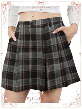 Women's Pleated Plaid Mini Skirt High Waist A-Line with Pockets